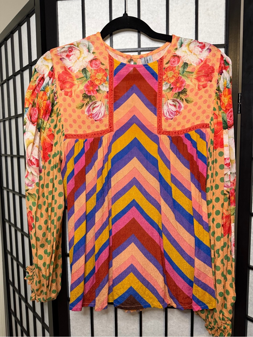 Anthropologie Bl^nk London Multicolor Chevron & Floral Blouse Small - Picture 2 of 5